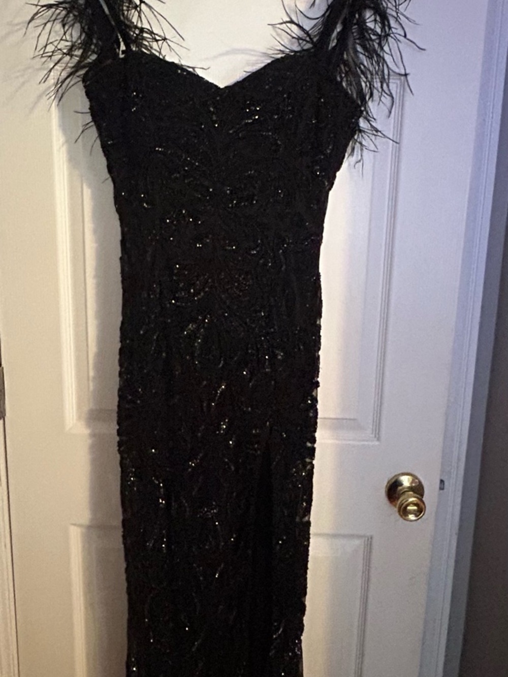 Primavera Couture Black Sequin Maxi Dress with Feather Straps